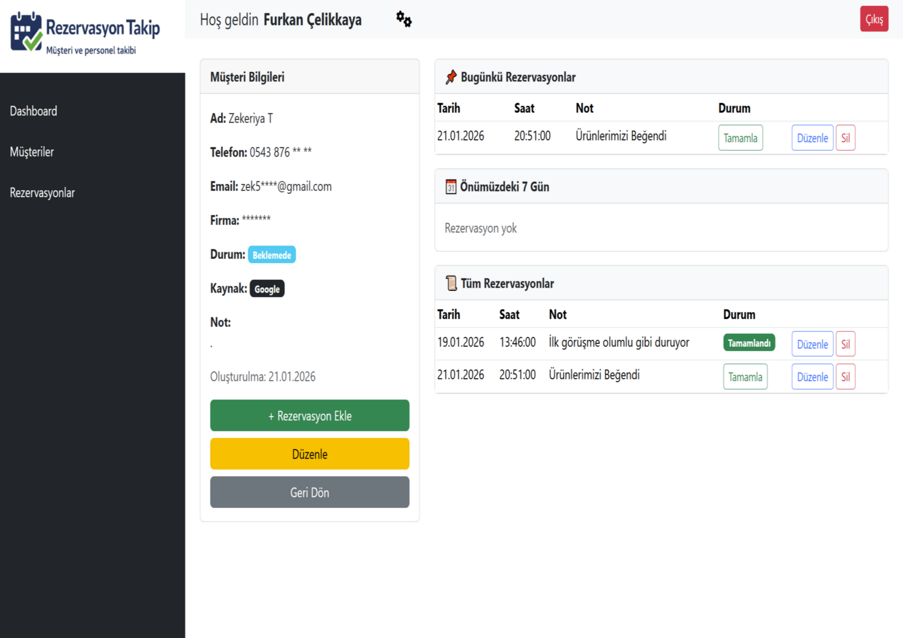 Müşteri Yönetim Paneli